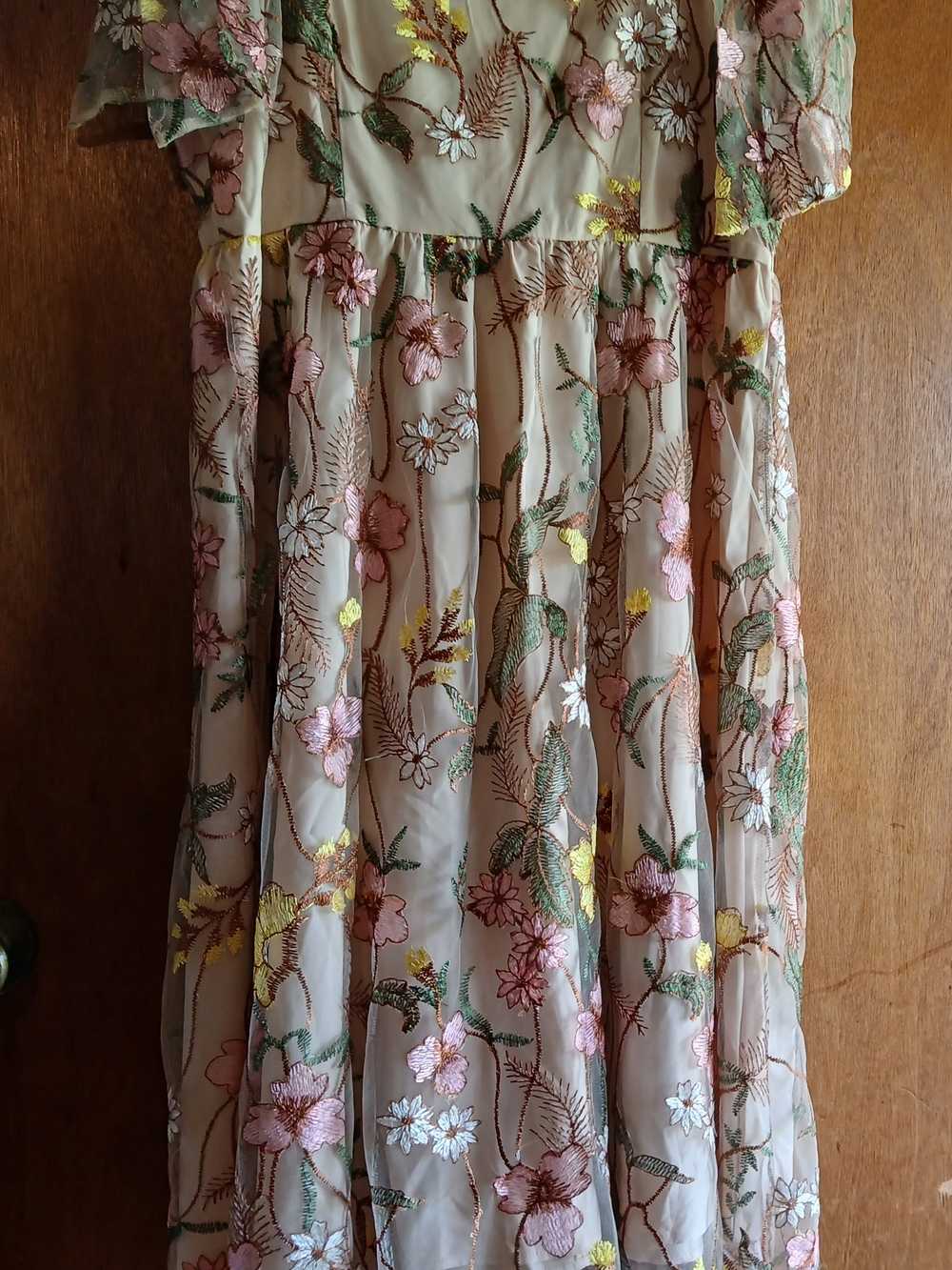 Girls Floral Embroidered Beige Dress